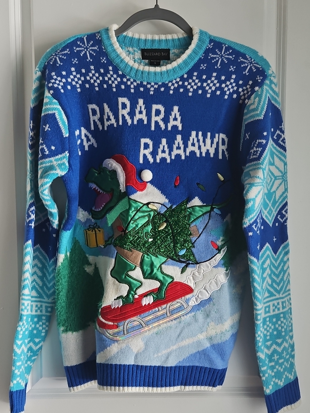 Blizzard Bay Men's Royal Blue Holiday Dinosaur Crewneck Sweater